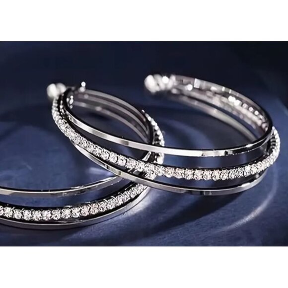 Elegant Silver Tone Rhinestone Hoop Earrings - Picture 2 of 3